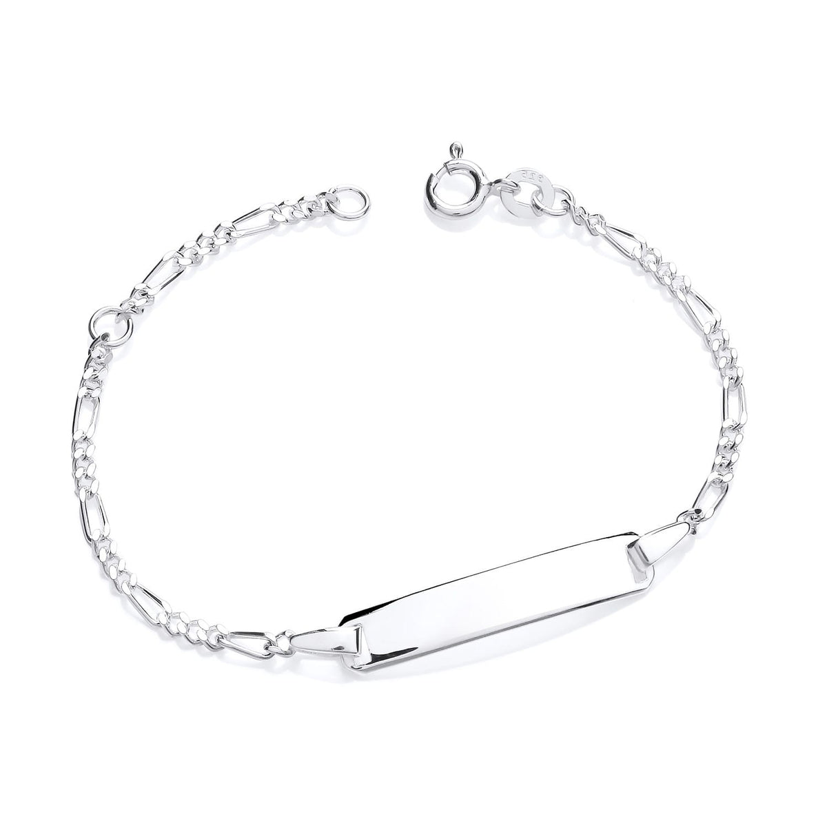 Sterling silver baby ID bracelet by Silversmiths with a 23mm engravable plate on a white background.