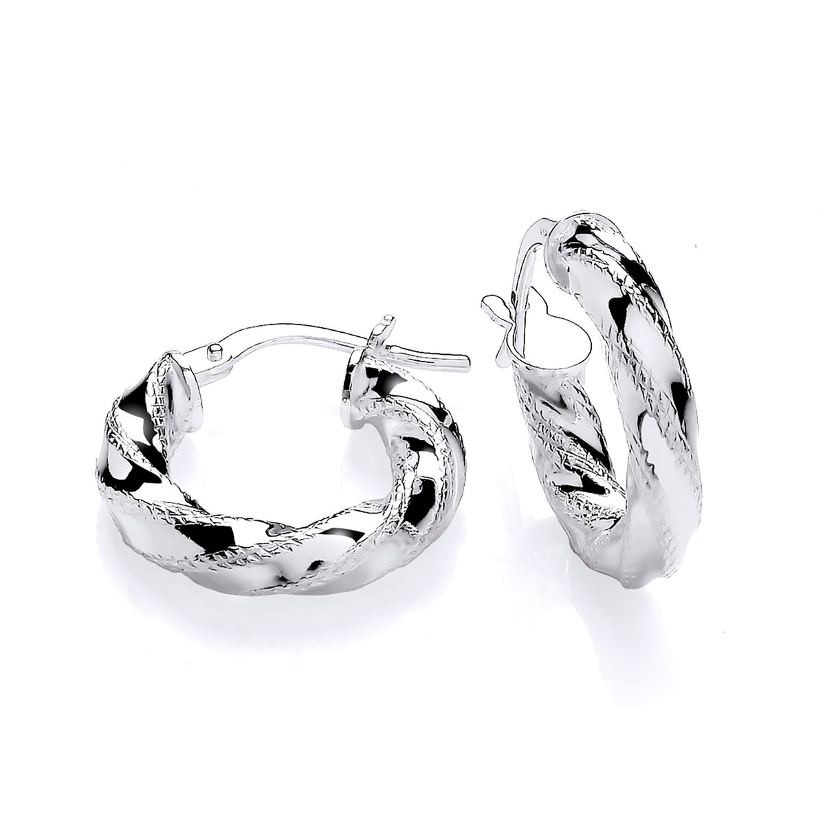 Sterling silver hoop earrings, 17.5mm with a diamond cut twist design and latch-back closures by Silversmiths.
