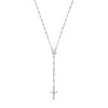 Sterling silver 24-inch rosary necklace with beaded chain, cross pendant, and oval medallion.