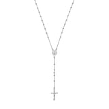 Sterling silver 24-inch rosary necklace with beaded chain, cross pendant, and oval medallion.