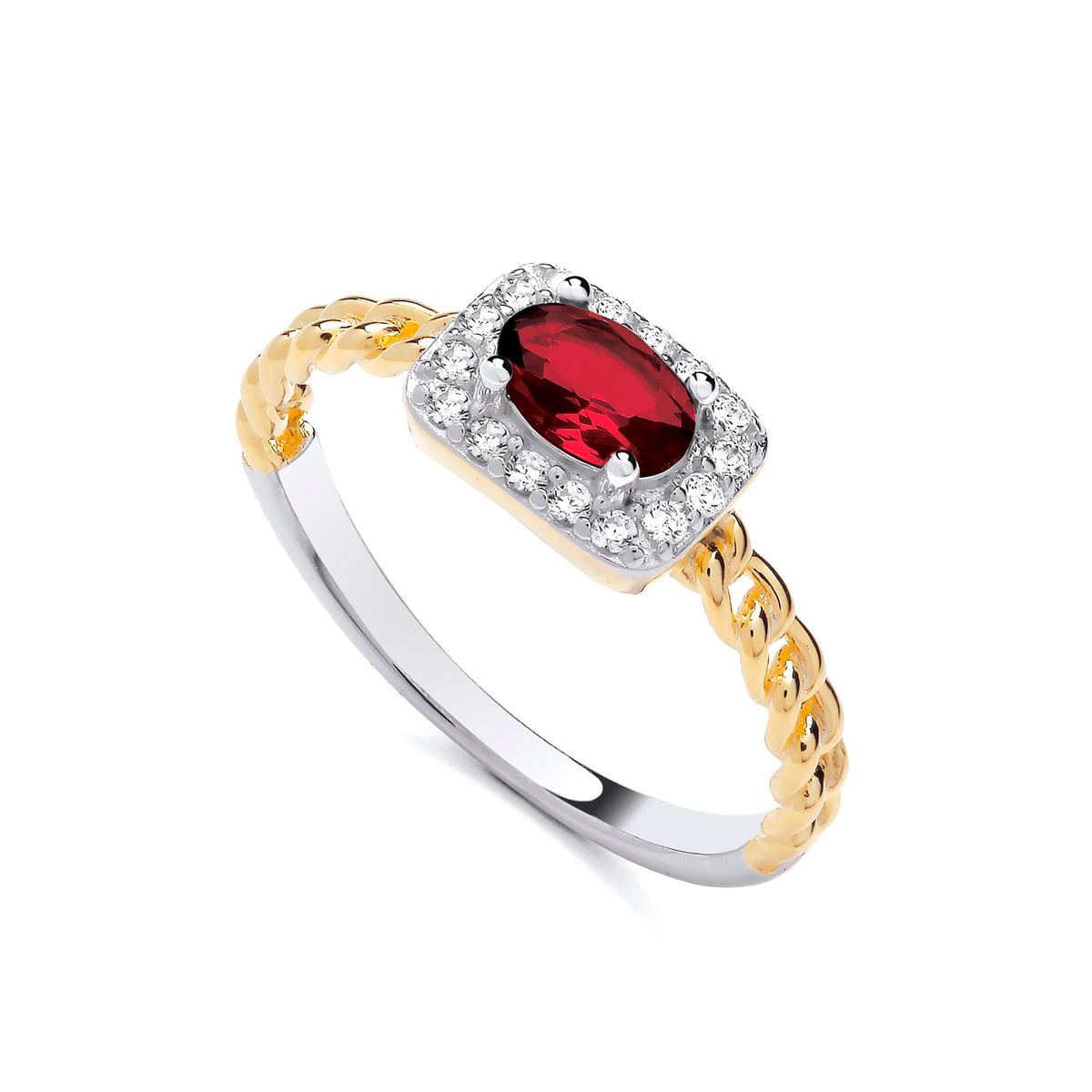 Two tone gold plated silver ring features simulated ruby cluster, braided vintage-style band, and clear accent stones.