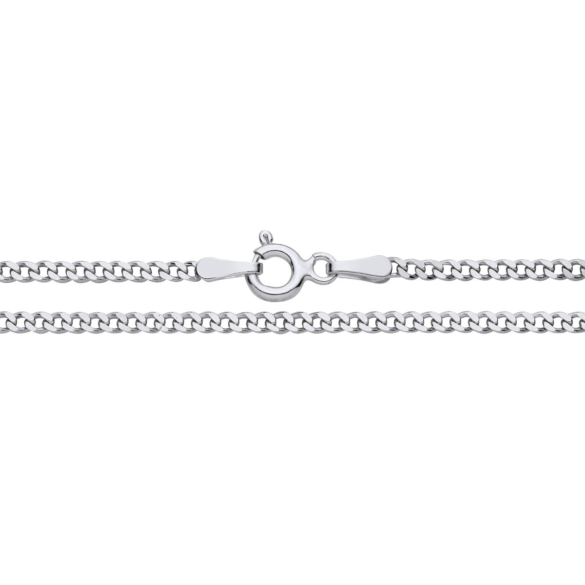 A 1.9mm sterling silver flat curb chain necklace with a round clasp is shown on a bright white background.