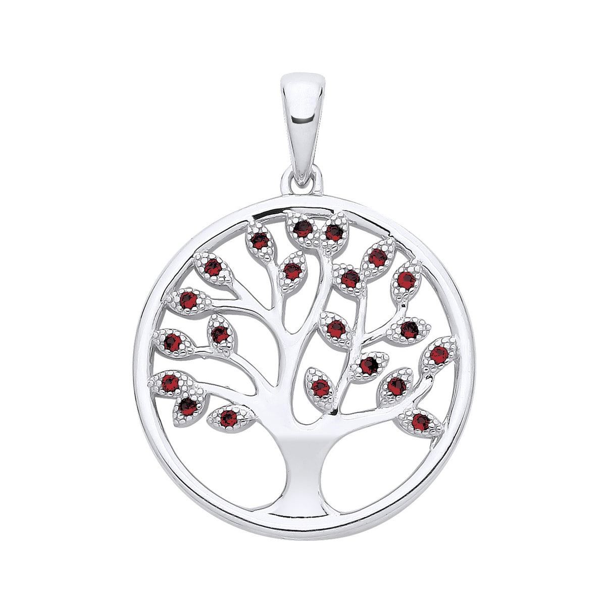 Silversmiths sterling silver Tree of Life pendant featuring simulated rubies.