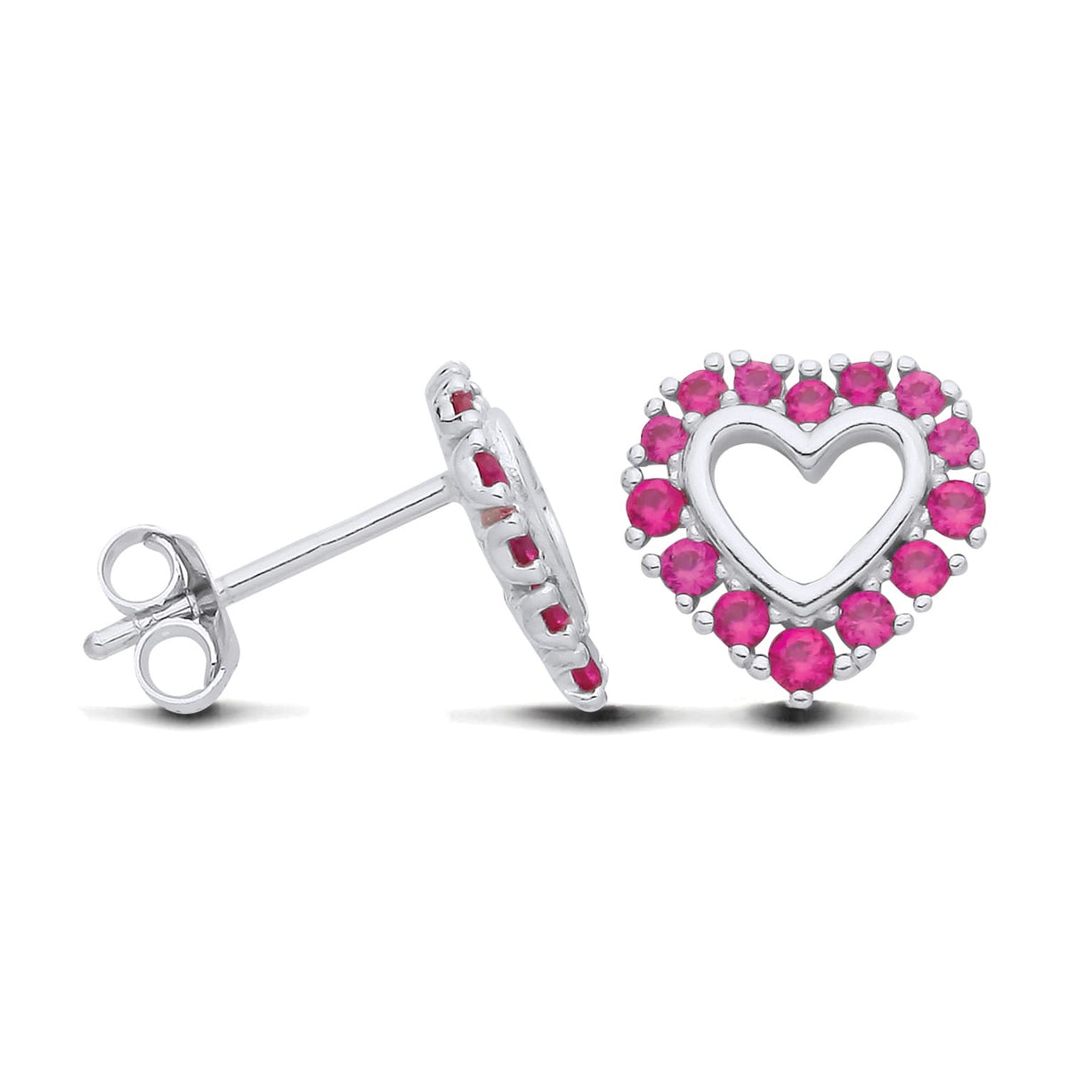 Silversmiths sterling silver stud earrings with simulated ruby heart centers and halo settings, shown front and side.
