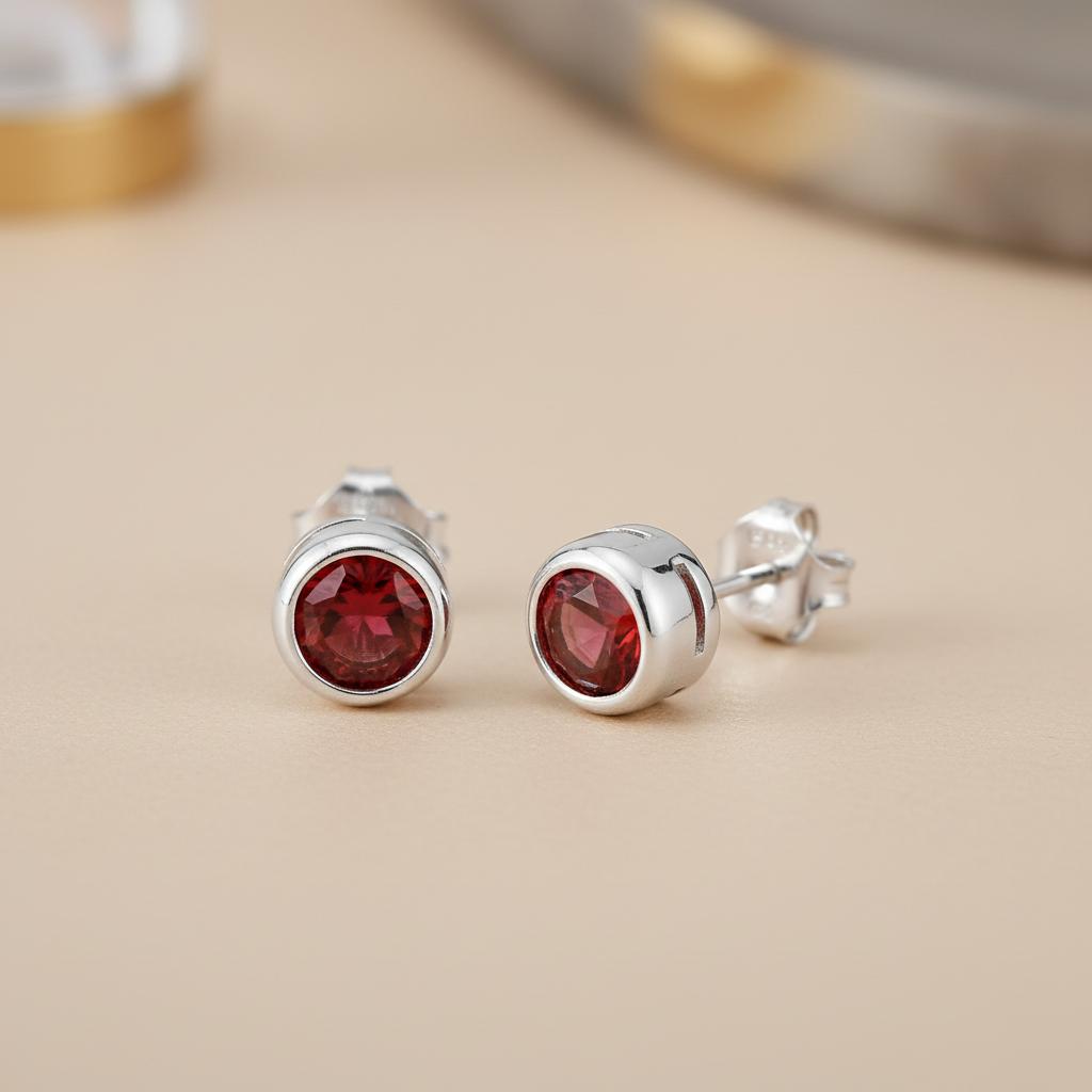 Sterling silver stud earrings with round natural garnet stones, displayed on a beige surface.