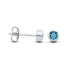 Sterling silver stud earrings with simulated London topaz in bezel settings, shown front and side on white background.