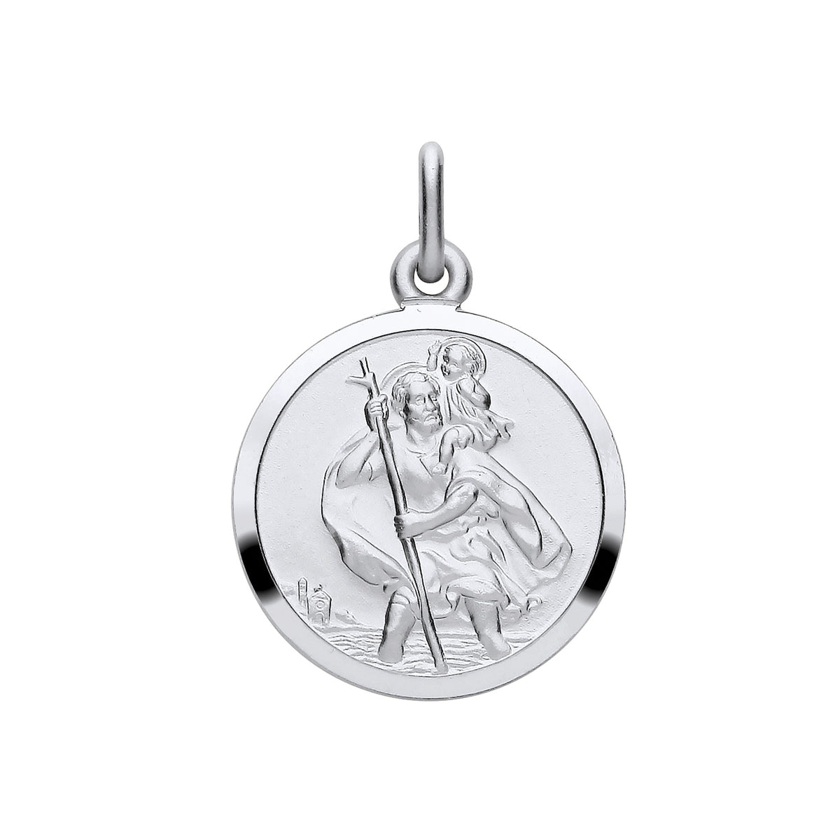 Silversmiths sterling silver 18mm St Christopher pendant with engraved figure, child, staff, and detailed border.