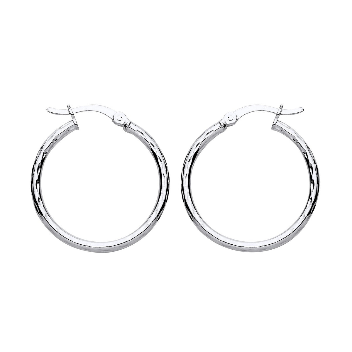 Silversmiths sterling silver 25mm diamond cut twist hoop earrings with latch backs on a white background.