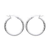 25mm sterling silver diamond cut twist hoop earrings with latch backs, shown on a plain white background.