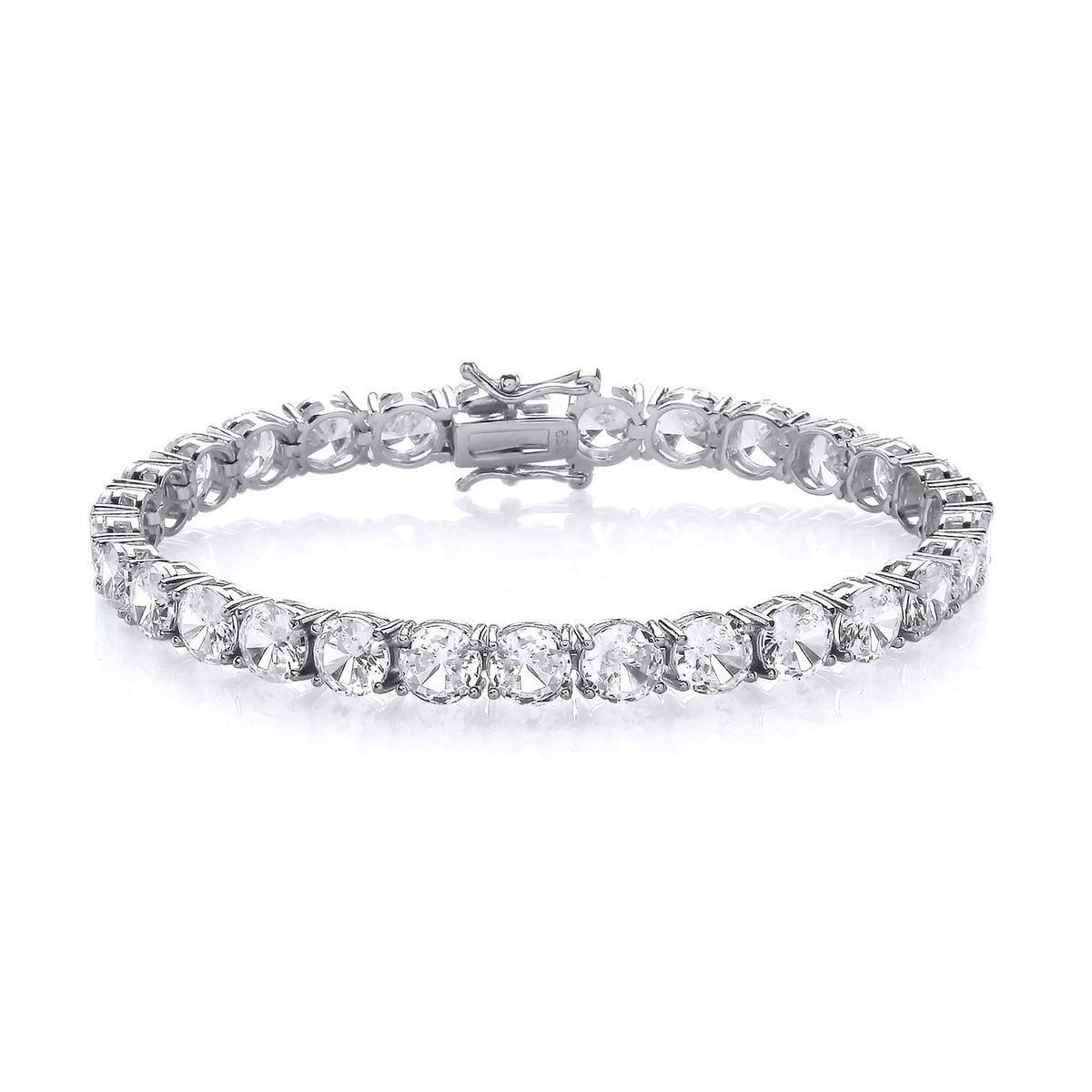 A Silversmiths sterling silver tennis bracelet with 6mm round cubic zirconia is displayed on a white background.