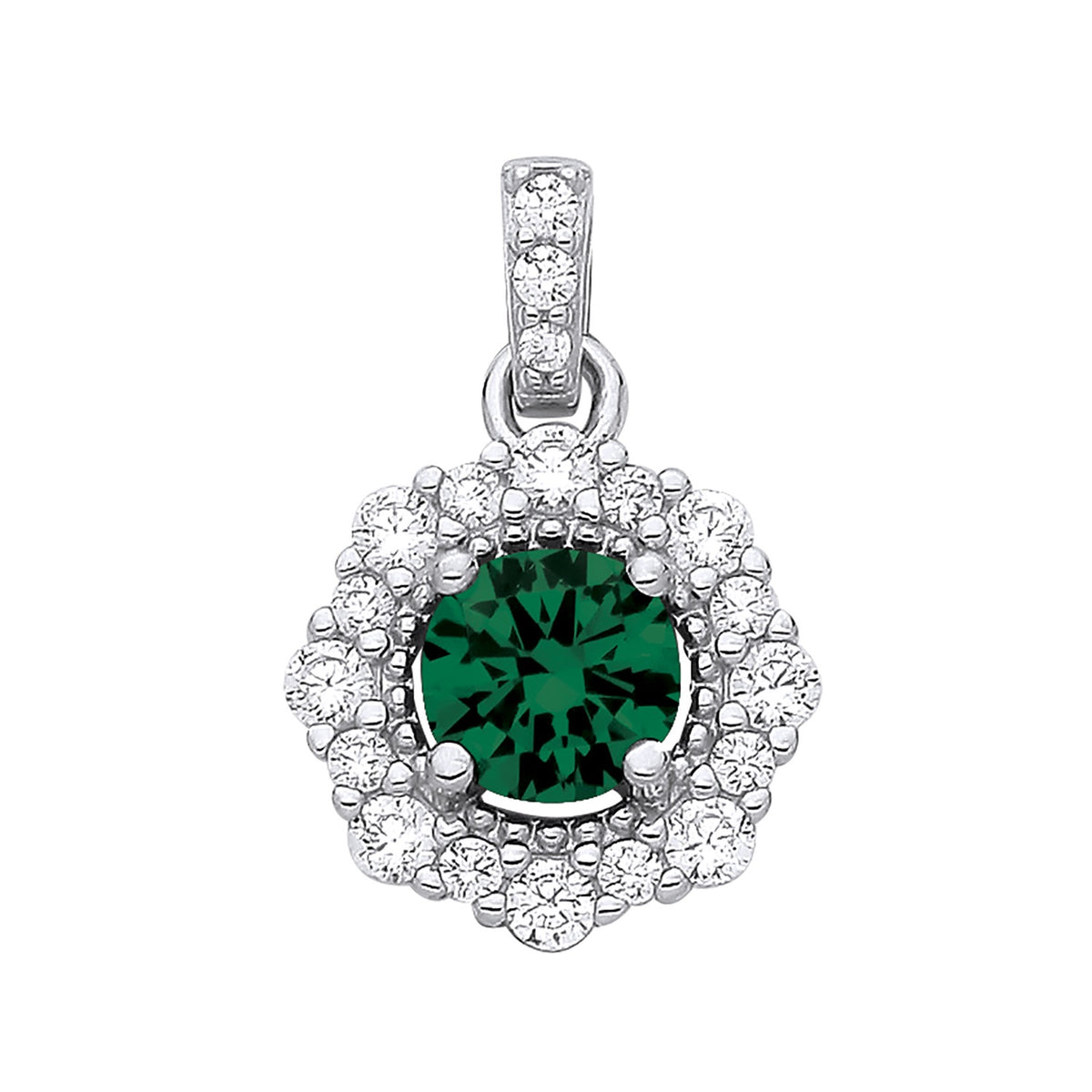 Sterling silver pendant featuring a simulated emerald center surrounded by rows of cubic zirconia.