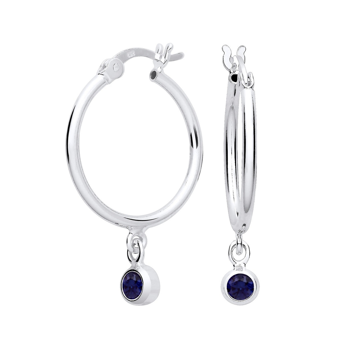 Sterling silver hoop earrings with simulated sapphire blue gemstone charms from Silversmiths.
