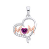 Two tone rose gold and silver heart pendant with “Mum,” clear stones, and a purple amethyst heart gem.