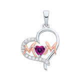 Two tone rose gold and silver heart pendant with “Mum,” clear stones, and a purple amethyst heart gem.