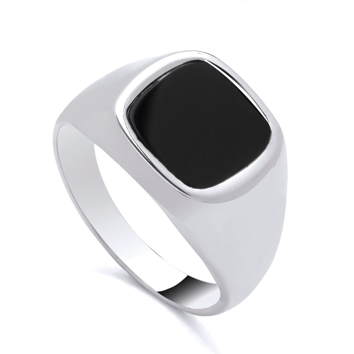 Sterling silver signet ring with a square black onyx cushion centerpiece by Silversmiths.