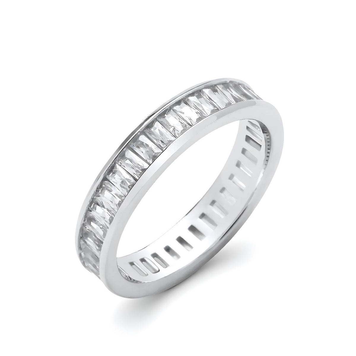 Sterling silver eternity ring with 4.4mm baguette-cut cubic zirconia stones set all around the band.
