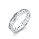 Sterling silver eternity ring with 4.4mm baguette-cut cubic zirconia stones set all around the band.