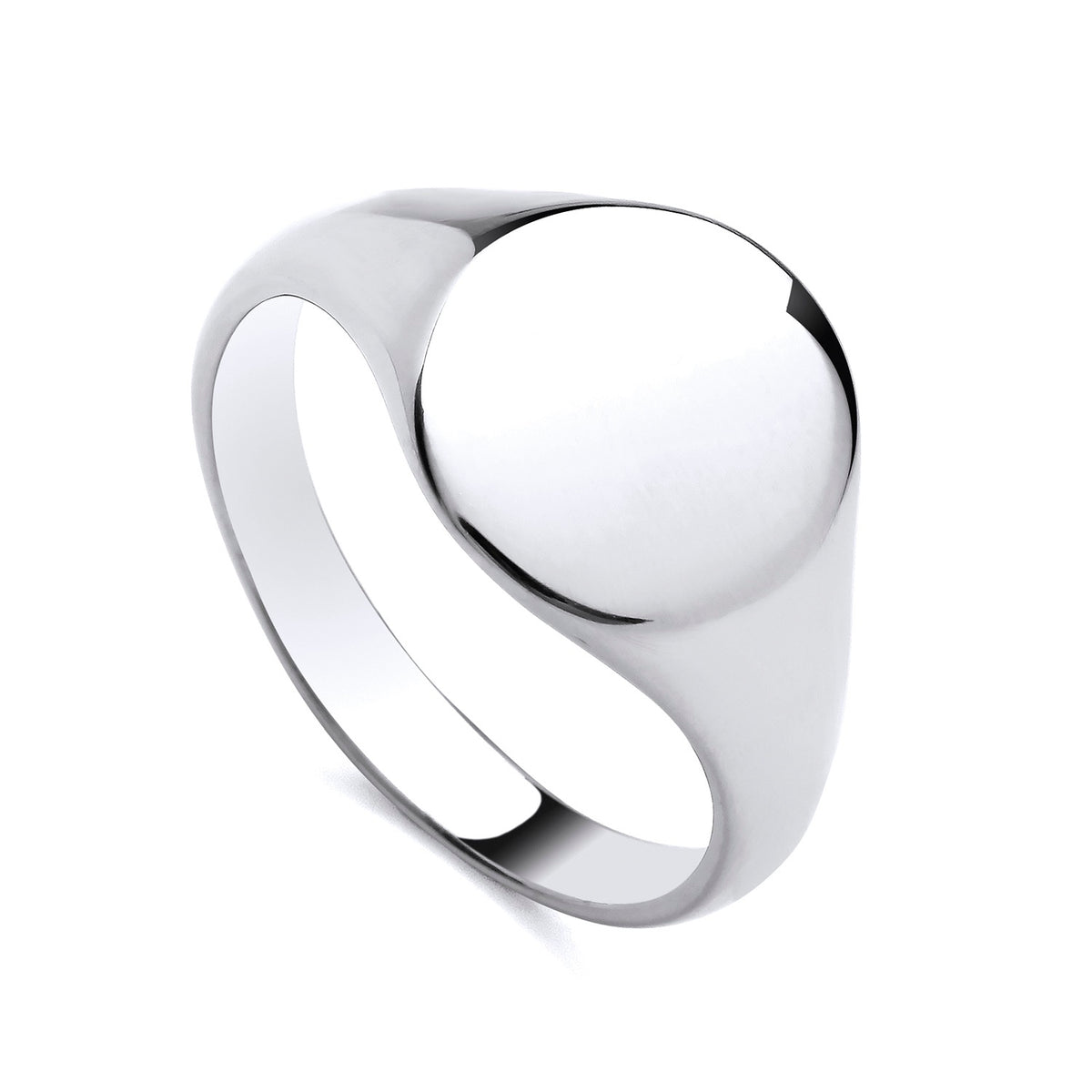 Sterling silver oval signet ring by Silversmiths, 14mm by 13.5mm, with a smooth polished band and top.
