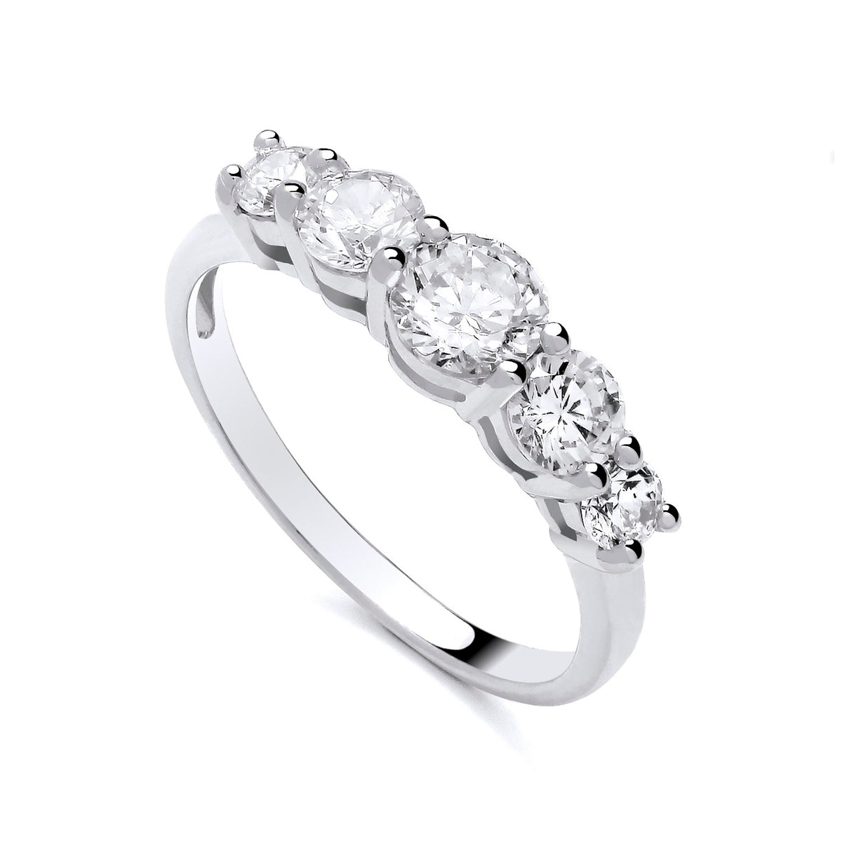 A sterling silver eternity ring with five cubic zirconia stones is shown on a plain white background.