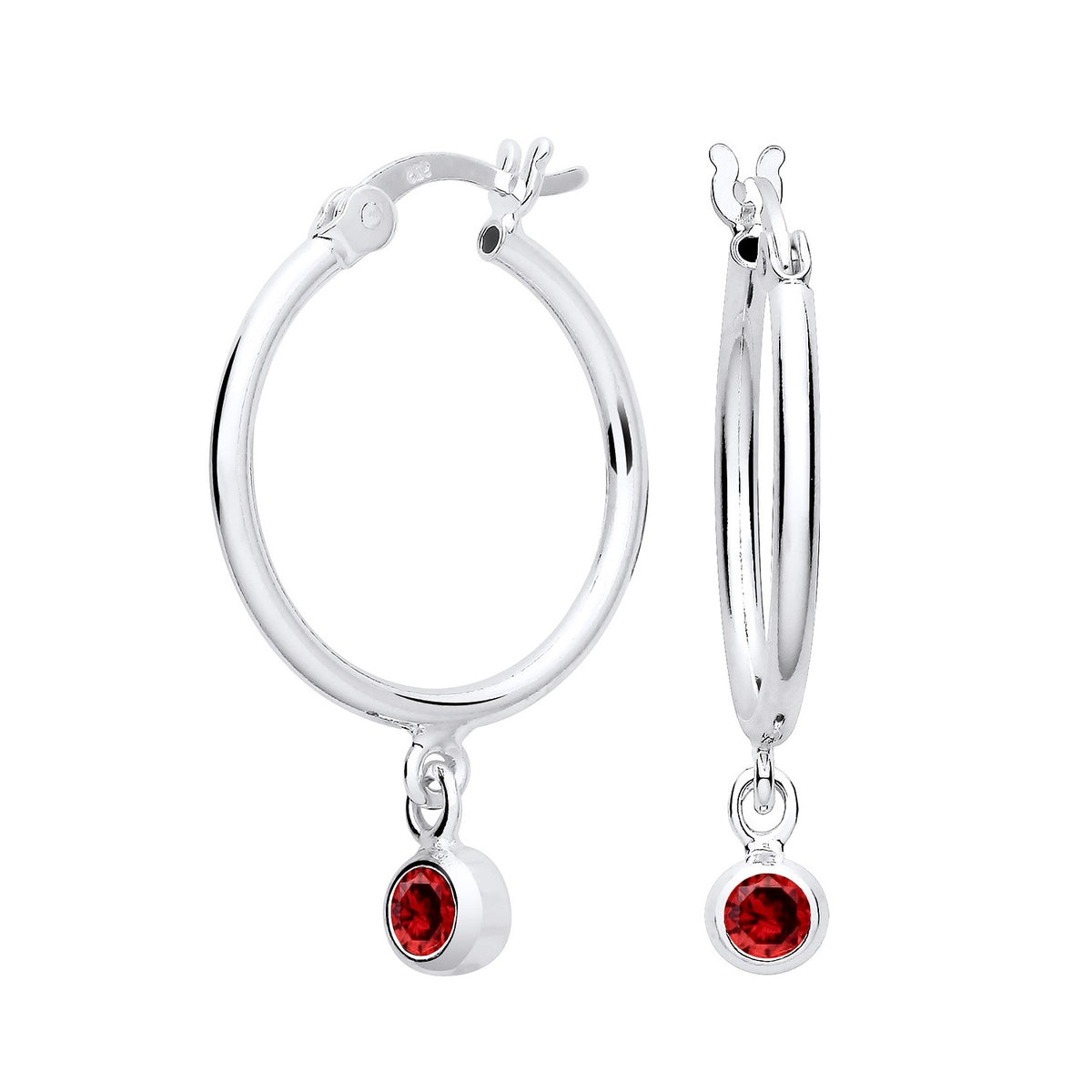 Sterling silver hoop earrings with simulated garnet gemstone charms hanging from each hoop.