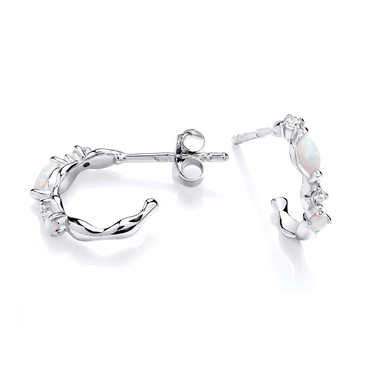 Silversmiths sterling silver huggie hoops with simulated opal wave design shown from side and front on white background.