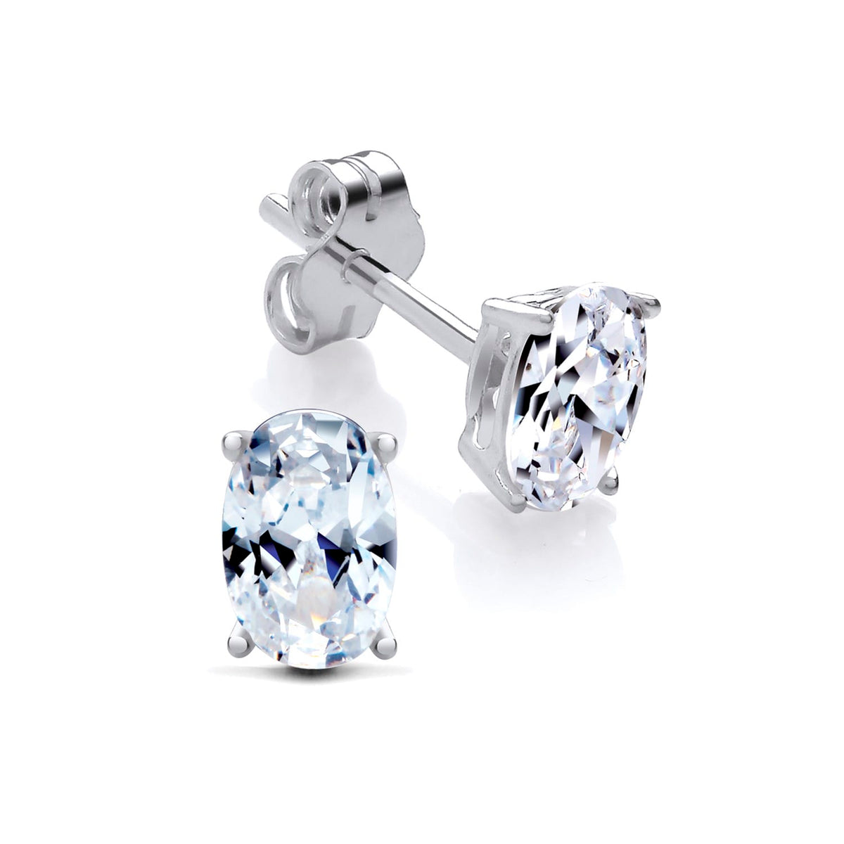 Sterling silver oval cubic zirconia stud earrings with push-back closures are displayed on a white background.