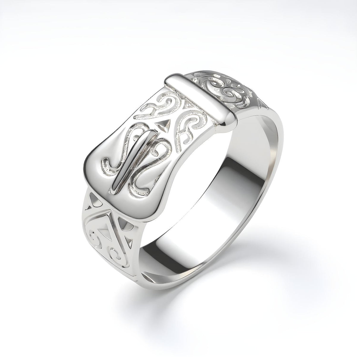 Sterling silver ring with engraved details and a distinct patterned buckle design.