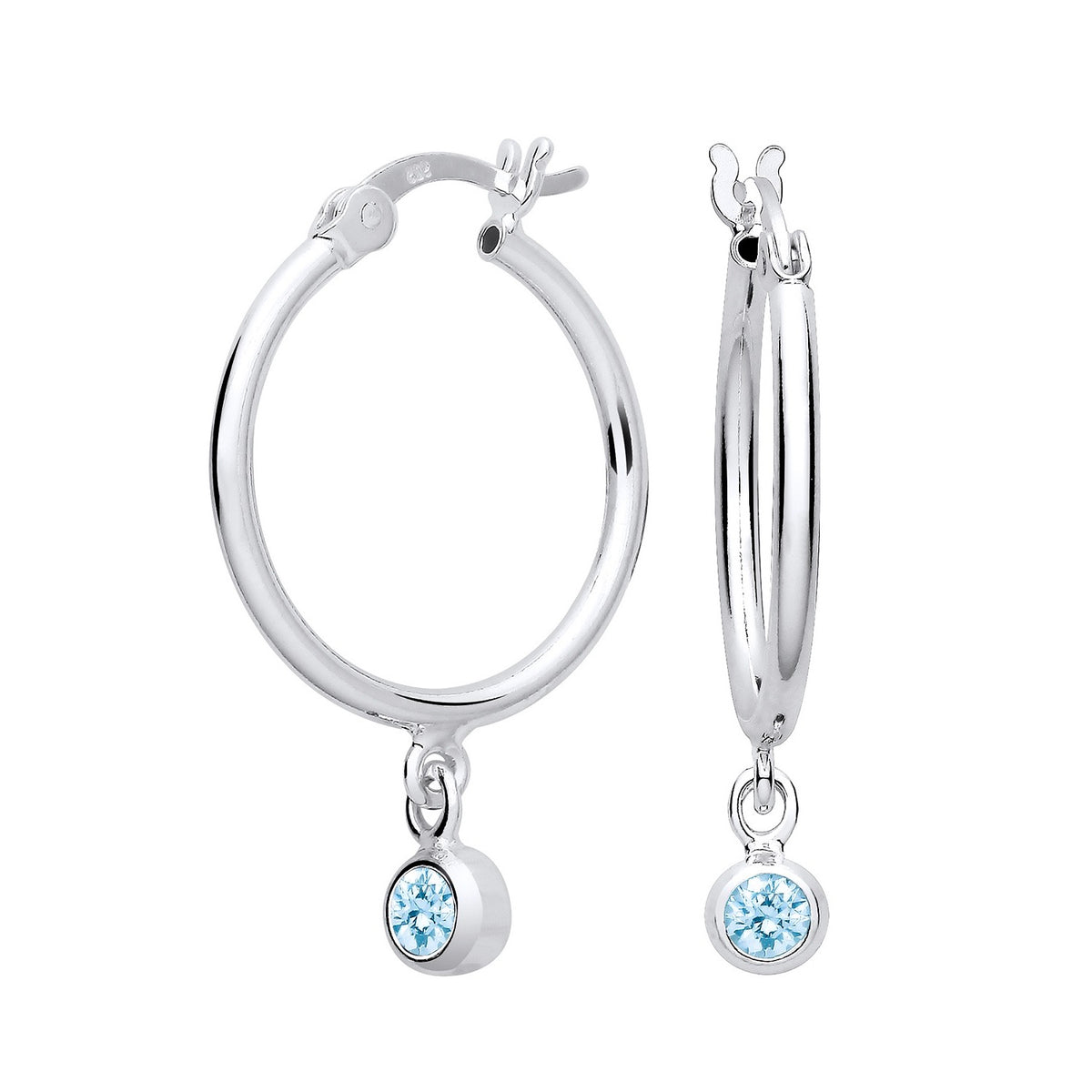 Silver hoop earrings with simulated aquamarine charms, representing the March birthstone, dangle from each earring.