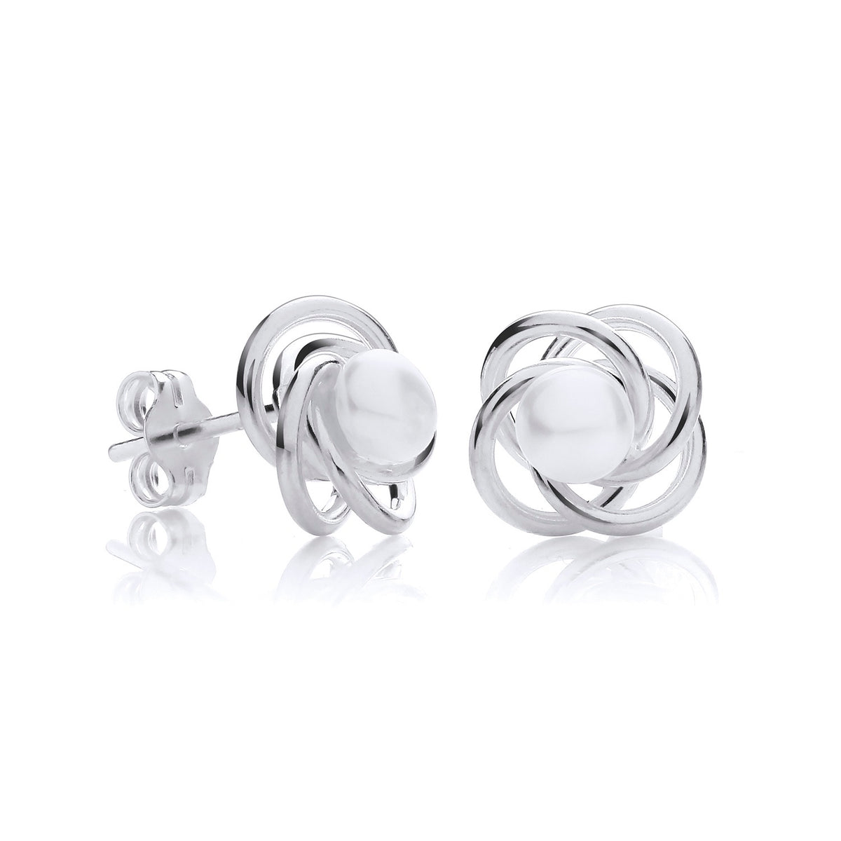 Sterling silver stud earrings feature freshwater pearls set in an open knot design.