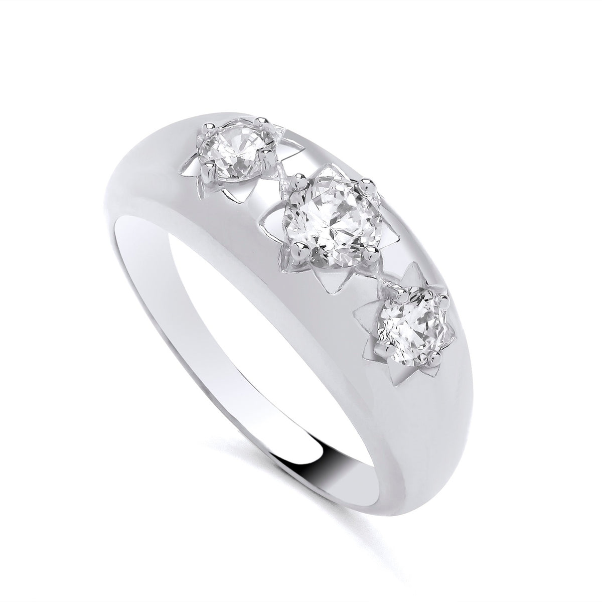 Sterling silver ring features three star-set cubic zirconia stones with a celestial-inspired prong design.
