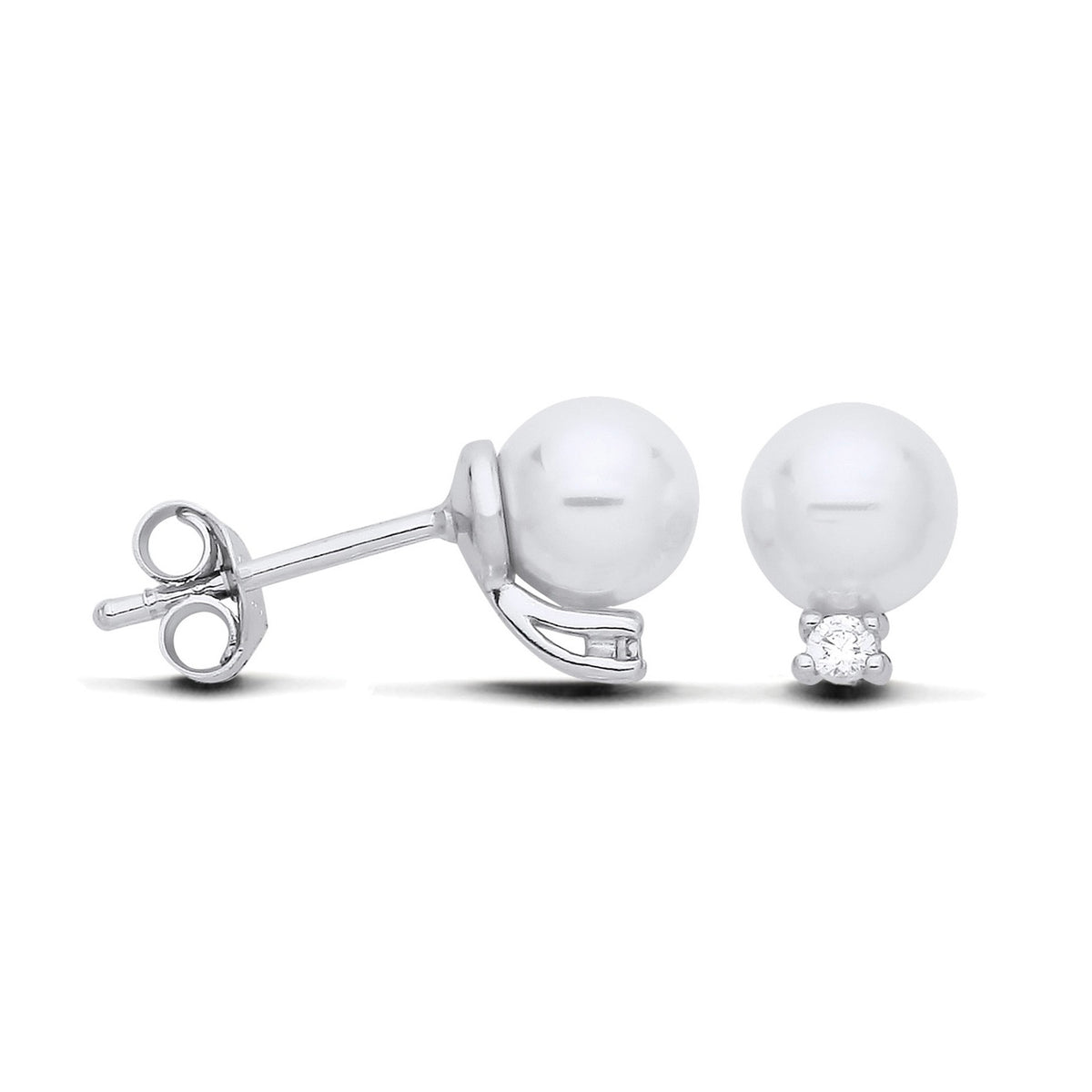 Silversmiths sterling silver drop earrings with simulated pearls and cubic zirconia, displayed from two angles.