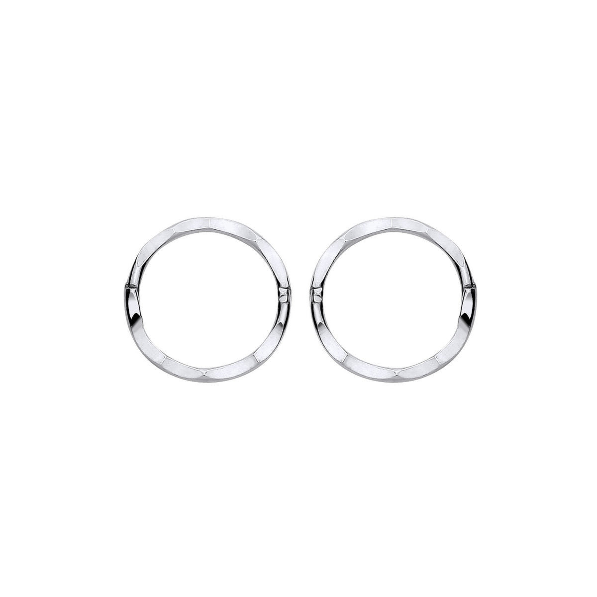 11mm diamond cut hinged sleeper earrings in sterling silver with faceted hoops.