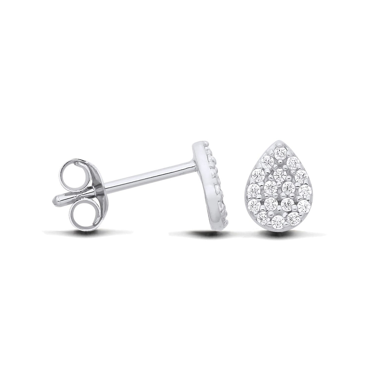 Silversmiths sterling silver pavé cubic zirconia teardrop stud earrings with a polished, sparkling finish.