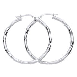 Two Silversmiths sterling silver 45mm twist hoop earrings overlap on a plain white background.