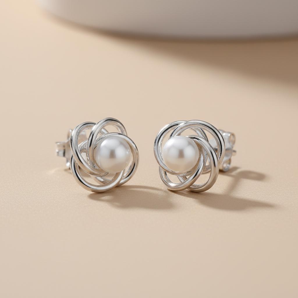 Silversmiths sterling silver open knot stud earrings with freshwater pearls on a beige surface.