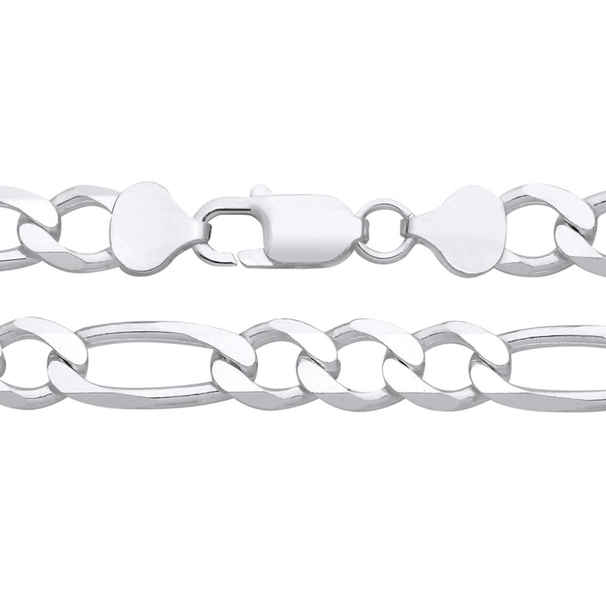 A Silversmiths 8.2mm sterling silver Figaro chain necklace with lobster clasp is displayed on a white background.