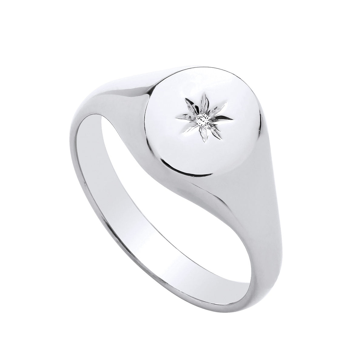 A sterling silver signet ring by Silversmiths features an oval cubic zirconia and starburst engraving on white background.