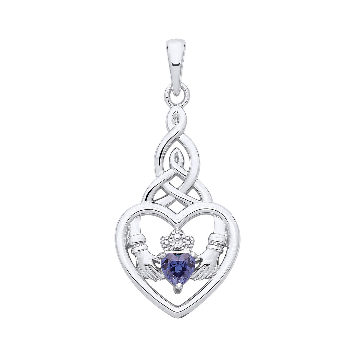 Sterling silver Claddagh pendant with a simulated tanzanite heart and a Celtic knot bail.