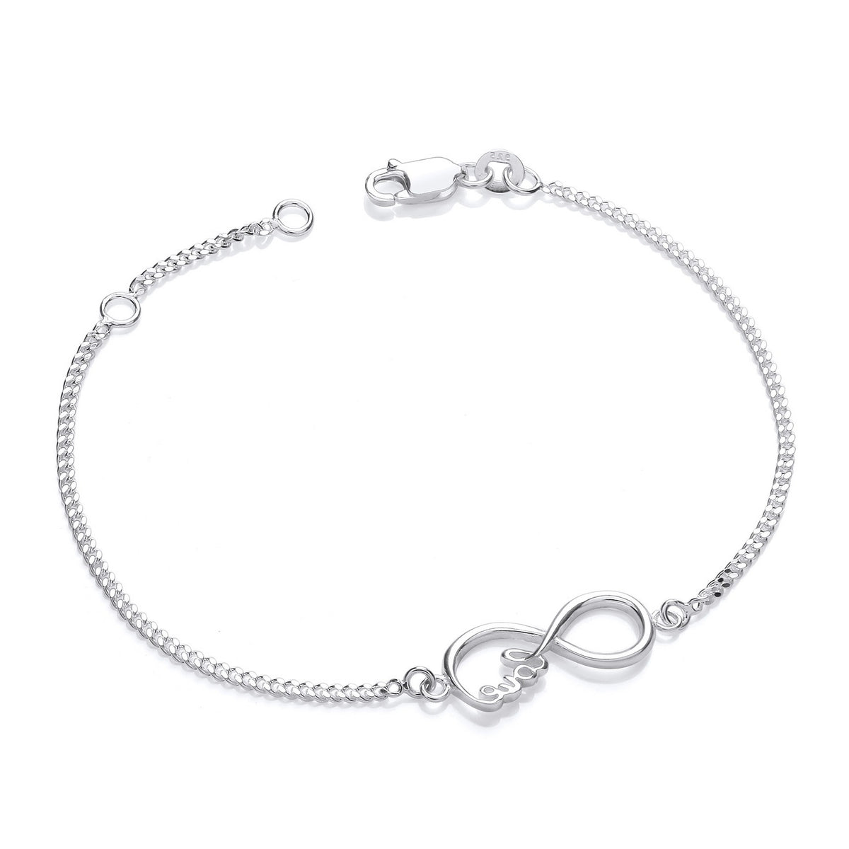 Sterling silver infinity station bracelet by Silversmiths with a lobster clasp, shown on a white background.