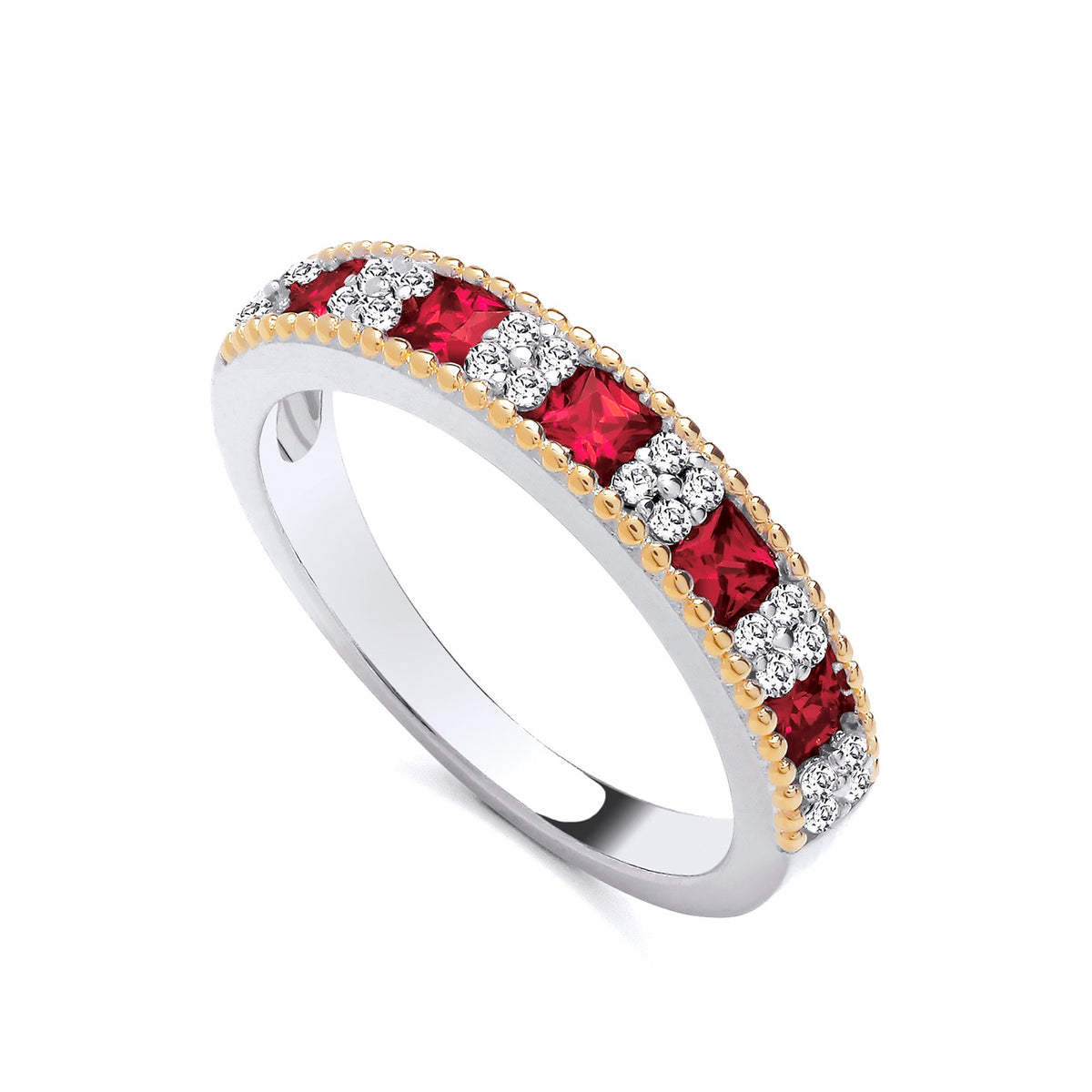 Sterling silver eternity ring with square red stones, CZ clusters, and gold beaded edges.