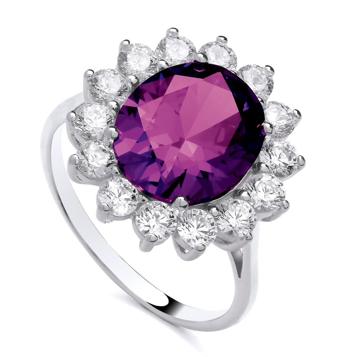 A sterling silver ring with an oval simulated amethyst center and CZ flower halo, displayed at an angle.