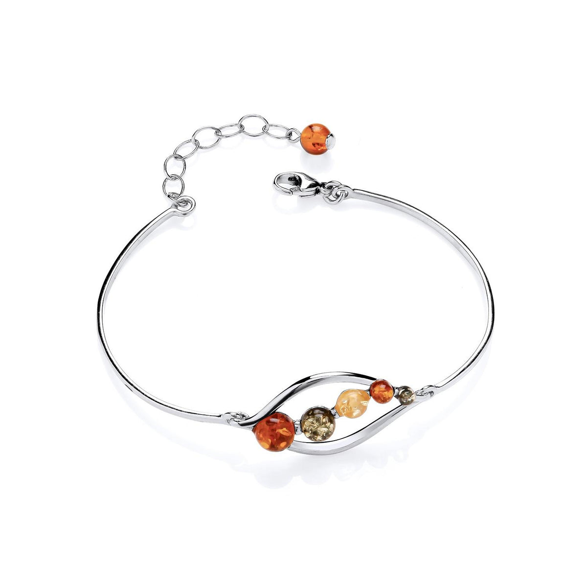 Sterling silver bracelet with multicolour Baltic amber and an adjustable marquise hook clasp.