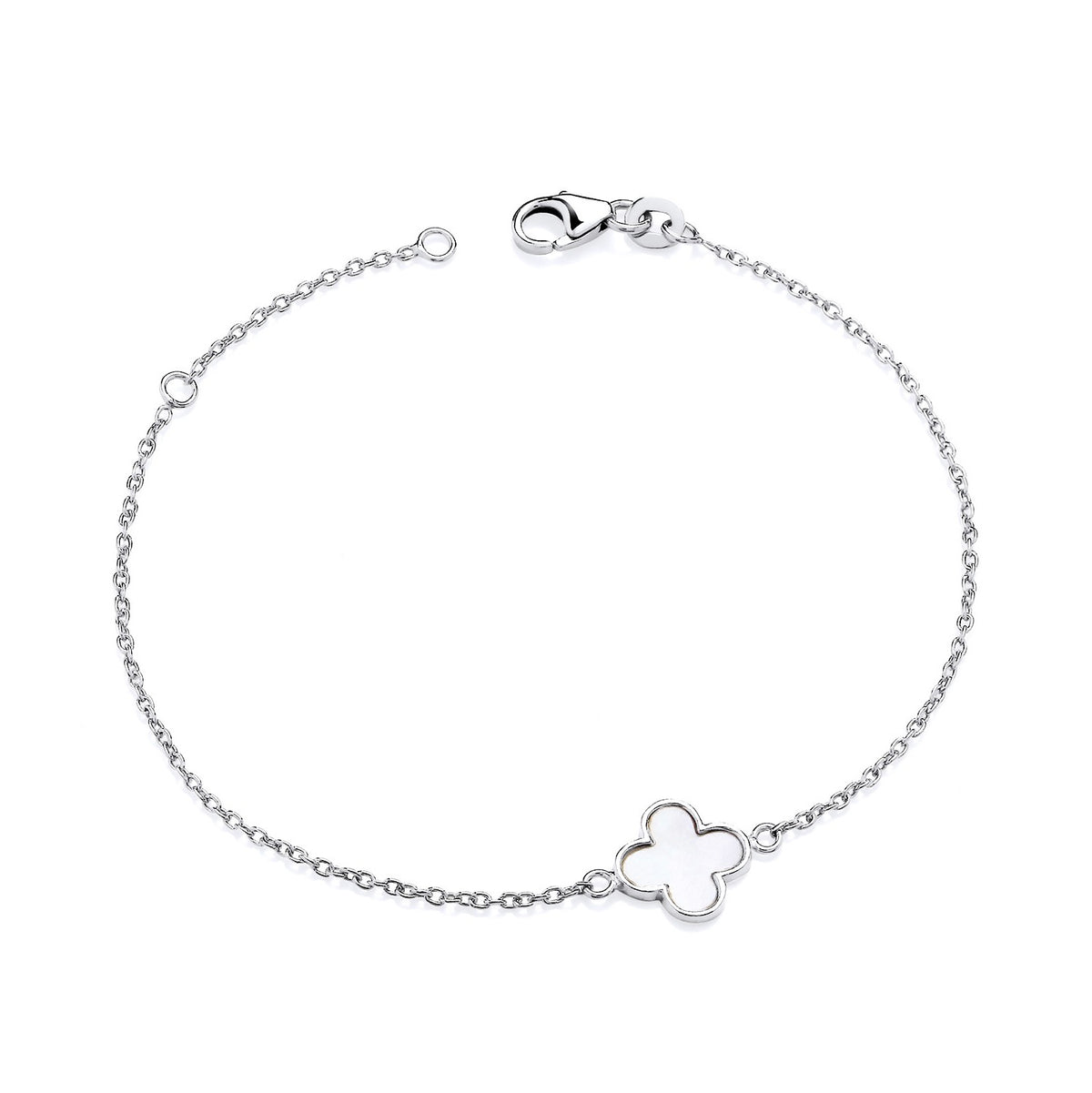 Silversmiths Sterling Silver bracelet featuring a mother of pearl four-leaf clover charm.