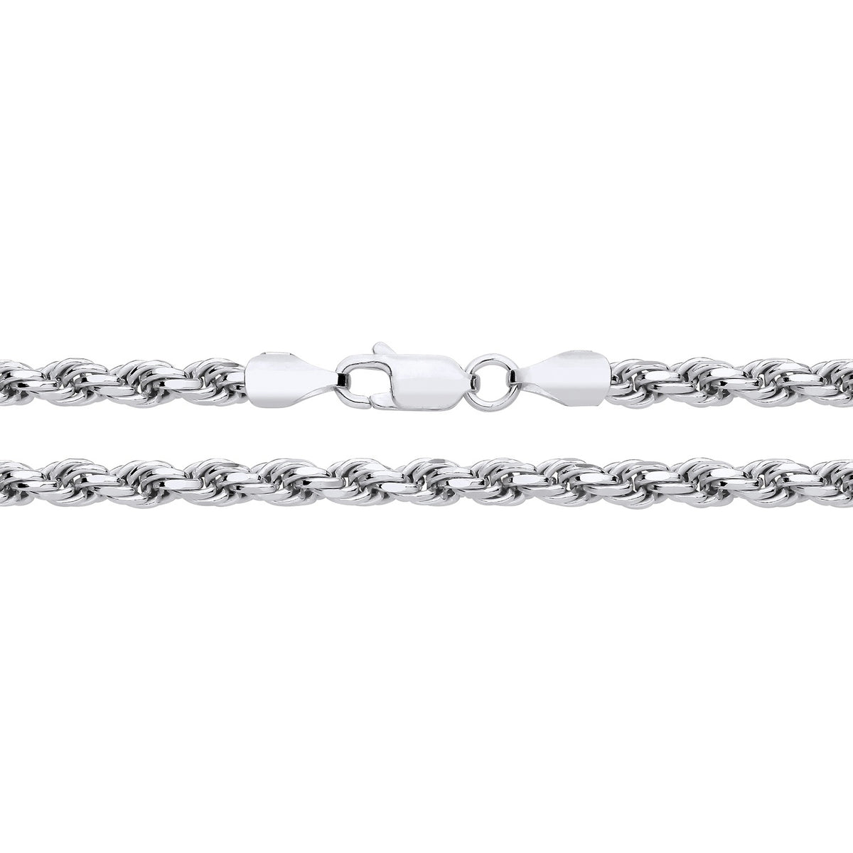A 4mm sterling silver diamond cut rope chain necklace by Silversmiths with a lobster clasp on a white background.