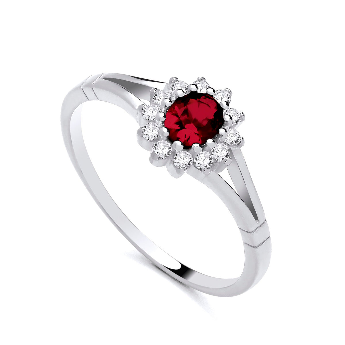 A sterling silver ring by Silversmiths features an oval simulated ruby, a split band, and clear stones in a halo setting.