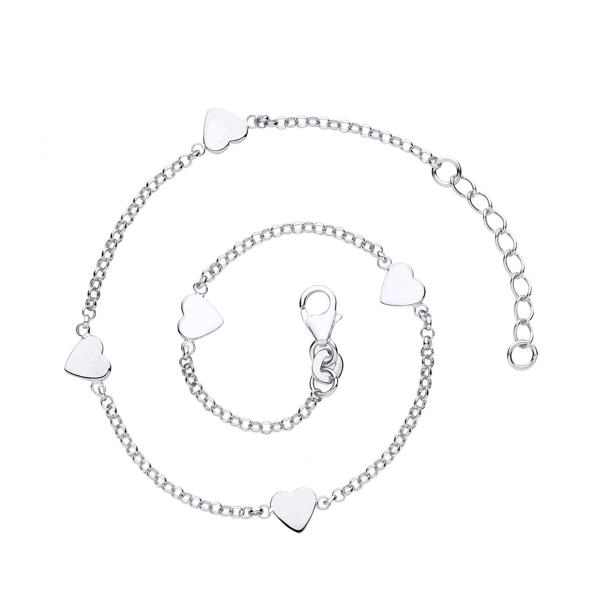 A sterling silver anklet with multiple heart charms and an adjustable clasp, displayed on a white background.