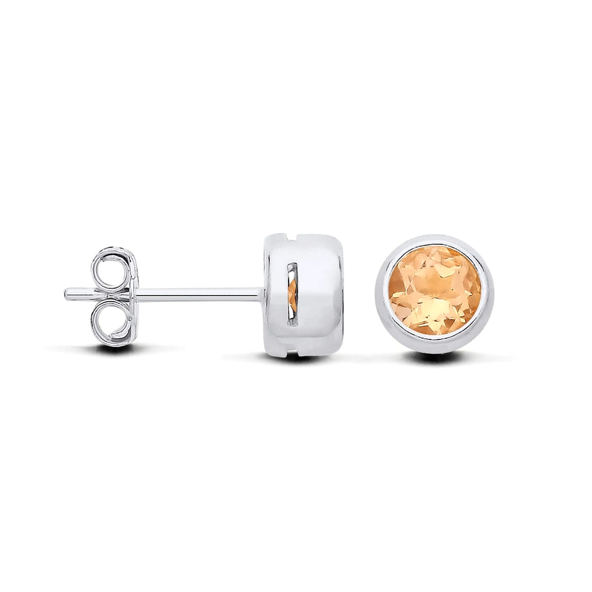 Silversmiths sterling silver stud earrings with round, bezel-set citrine stones.