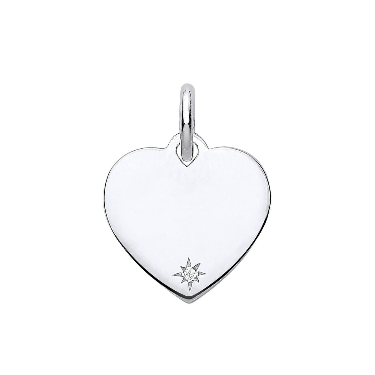 Sterling silver heart pendant by Silversmiths featuring a star-set cubic zirconia near the lower right edge.