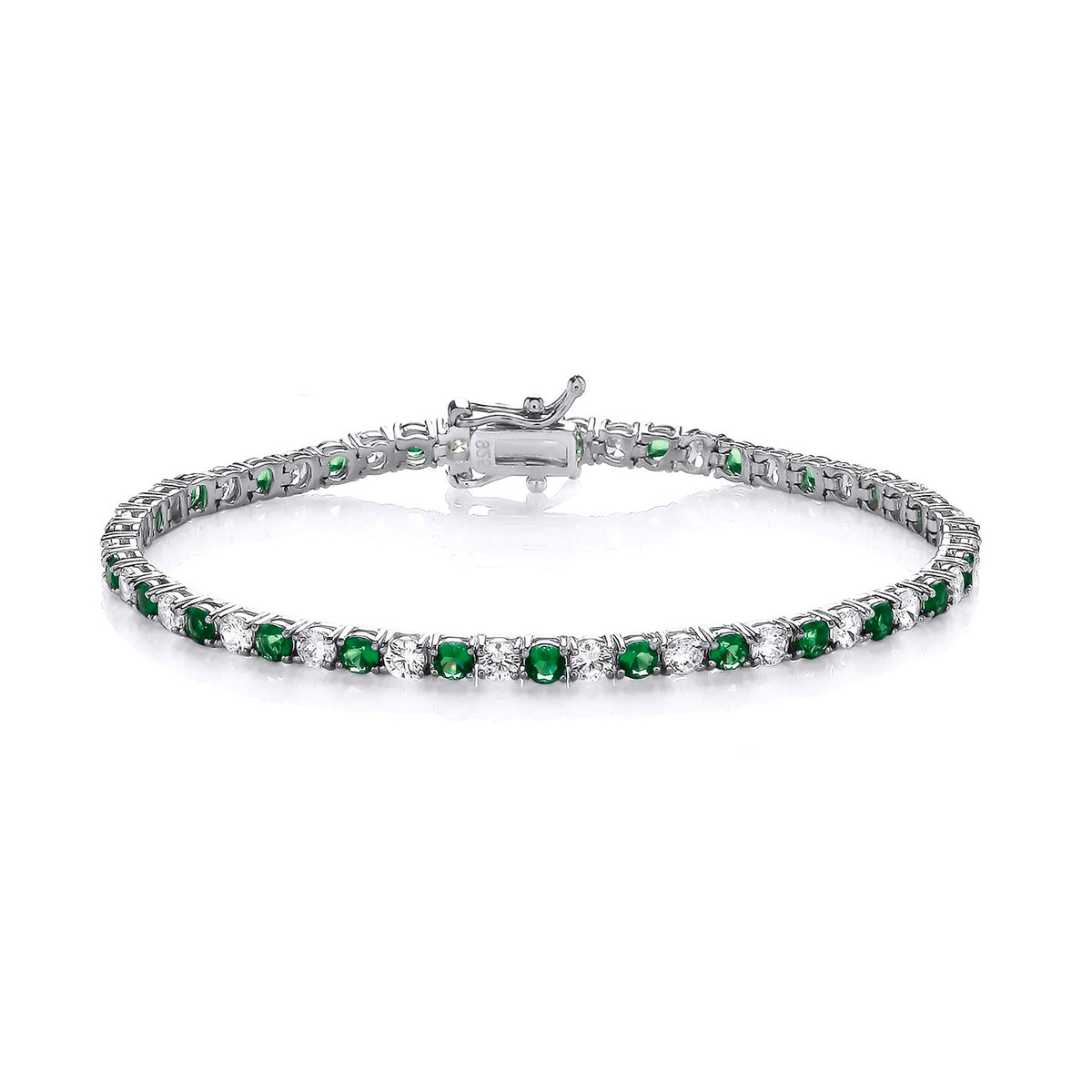 Sterling silver bracelet features 3mm simulated emeralds and cubic zirconia, displayed on a white background.