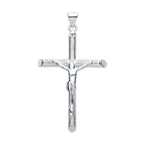 Sterling silver crucifix pendant with Jesus figure on a polished, textured cross and a loop for chaining.